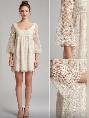 Soieblu Cream Crochet Bell-Sleeve Mini Dress Crochet Lace Whimsical